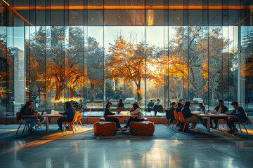 Students Socializing in Outdoor University Courtyard. University students engaging in conversation at outdoor tables in a sunlit courtyard surrounded by modern architecture.