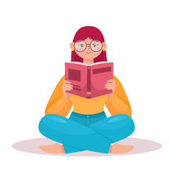 Fototapeta na wymiar Vector the girl is reading a book a woman is sitting with a book in her hands. Vector the girl is sitting in the lotus position and reading a book