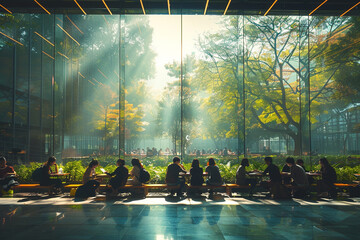 Students Socializing in Outdoor University Courtyard. University students engaging in conversation at outdoor tables in a sunlit courtyard surrounded by modern architecture.