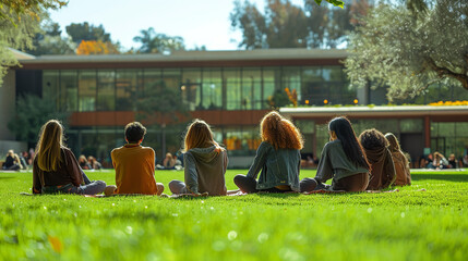 Students Socializing in Outdoor University Courtyard. University students engaging in conversation at outdoor tables in a sunlit courtyard surrounded by modern architecture.