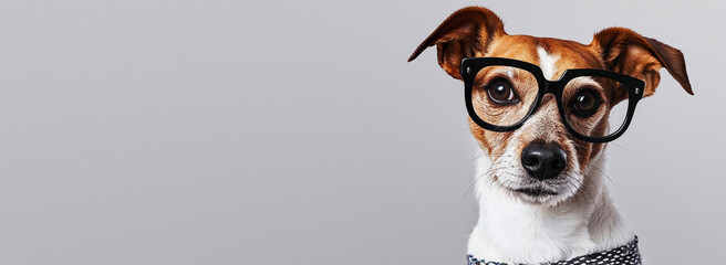 A stylish canine of a specific breed confidently stands with a sophisticated air, adorned in a pair of glasses and a collar, showcasing the unique bond between pets and their human companions
