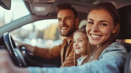 Car buying and leasing. Joyful Caucasian household driving brand new vehicle on test drive in urban area, enjoying road trip scenery. Parents and young daughter on vacation traveling by automobile. - obrazy, fototapety, plakaty