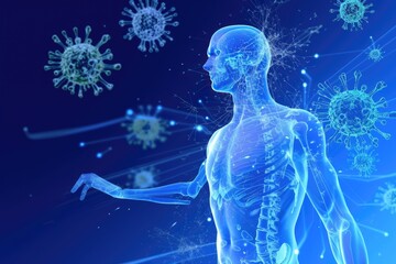 The impact of viruses and bacteria on the human body x-ray illustration, banner, print. Coronavirus or influenza virus epidemic concept. Coronavirus COVID-19. Pandemic health risk, vaccination.