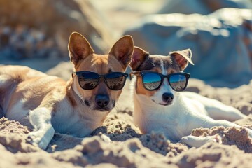 Stylish happy dog and cat wearing sunglasses having vacation relaxing on beach, concept of traveling with pets at summer