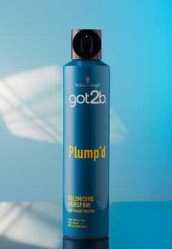 Mansfield,Nottingham,United Kingdom,16th February 2024:Studio product image of Schwarzkopf got2b Plump'd hairspray,the company is owned by Henkel Corporation.
