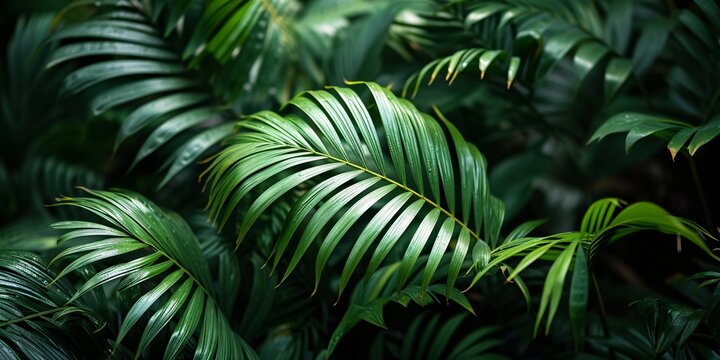 Vivid closeup of lush foliage and palm trees, dark tropical theme with flat lay arrangement.