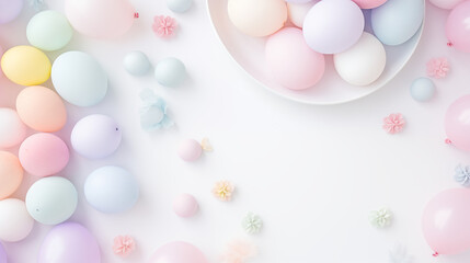 Urodzinowe minimalistyczne jasne tło na życzenia z balonami i dekoracjami - narodziny dziecka - dziewczynki lub chłopca.  - obrazy, fototapety, plakaty