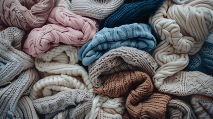 An overhead shot of a mountainous pile of baby sweaters, creating a visually captivating landscape of warmth. - obrazy, fototapety, plakaty