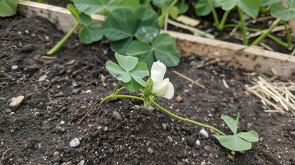 A delicate flower blooming on a pea plant a sign of future harvests to come. The garden is a labor of love with each seed planted and nurtured with the goal of providing nourishment