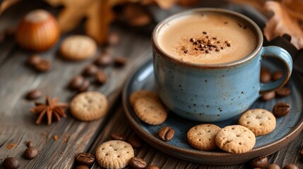 A delicious cup of coffee with nuts and cookies on a rustic wooden table.