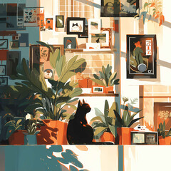 Cozy Home Interior with Cat and Abundant Houseplants
