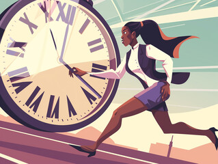 Illustration of young african american businesswoman running on stadium track with clock. feeling anxiety and stress, trying to beat a deadline or countdown. 