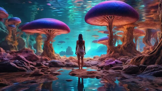 Mushroom fantasy landscape woman in robe hallucinating