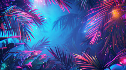 Neon tropical background with palm trees in the night as wallpaper illustration - obrazy, fototapety, plakaty