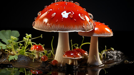 An Amanita muscaria mushroom on a black background