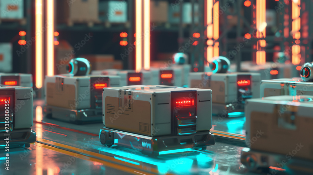 Aufkleber a fleet of autonomous robots efficiently navigating a high-tech warehouse, indicating a futuristic a