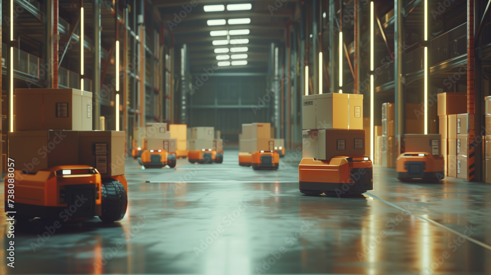 Aufkleber a fleet of autonomous robots efficiently navigating a high-tech warehouse, indicating a futuristic a
