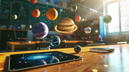 A tablet on a classroom desk displays an augmented reality solar system, where planets float mid-air, offering an immersive and interactive educational experience