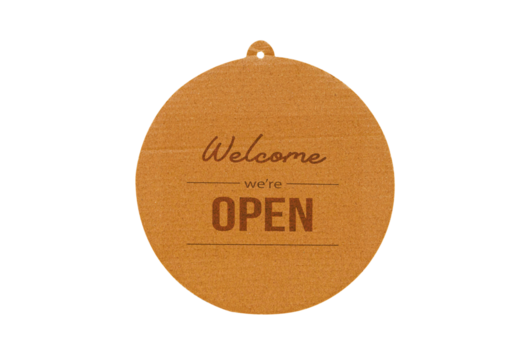 text on vintage sign " welcome we' are Open" in cafe isolated on white background. PNG