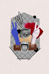 Vertical picture collage of crazy open mouth man showing double v sign screaming traveler inside...