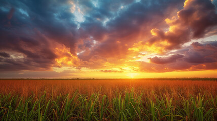 Fototapeta na wymiar Sugarcane field and cloudy sky at sunset 