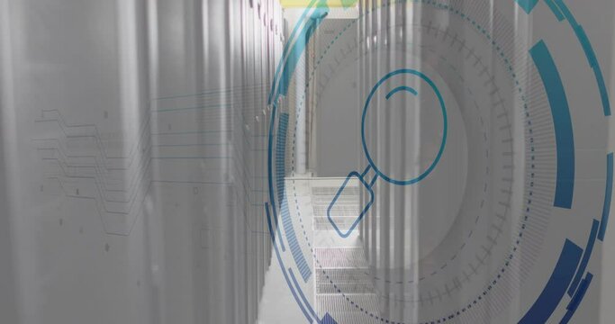 Animation of magnifying loop and digital data processing over computer servers