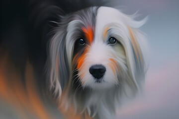 White Dog with Black Patches on Ears and Eyes Appears Innocent, Generative AI
