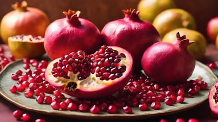 Abundance of fresh and healthy pomegranates fruit background texture