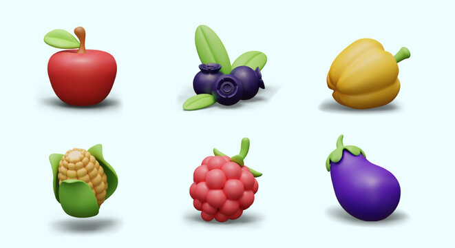Set of cute vector vegetables, fruits, berries. Apple, blueberry, yellow bell pepper, corn