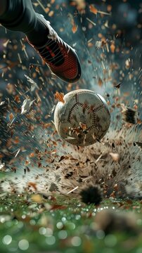 Leg with boot hiting socer footbal in stadium on grass
