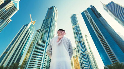 An Arab man stands with his back to a modern tall building. Construction and real estate investments