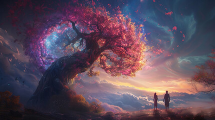 An otherworldly tree spiraling upwards adorned with colorful blooms while a human and a hybrid stand in awe - obrazy, fototapety, plakaty