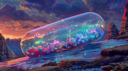 An otherworldly illustration of a pill that holds within it a miniature colorful fantasy landscape