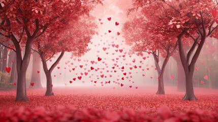Valentines day background. Trees with red heart shape leaves on branches. Fantasy forest, park on pink background with copy space for text
