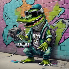 alligator dj, grafitti, street art - generated by ai