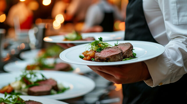 Waiter carrying plates with meat dish on some festive event, party or wedding reception restaurant
