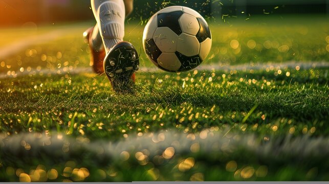 Leg with boot hiting socer footbal in stadium on grass