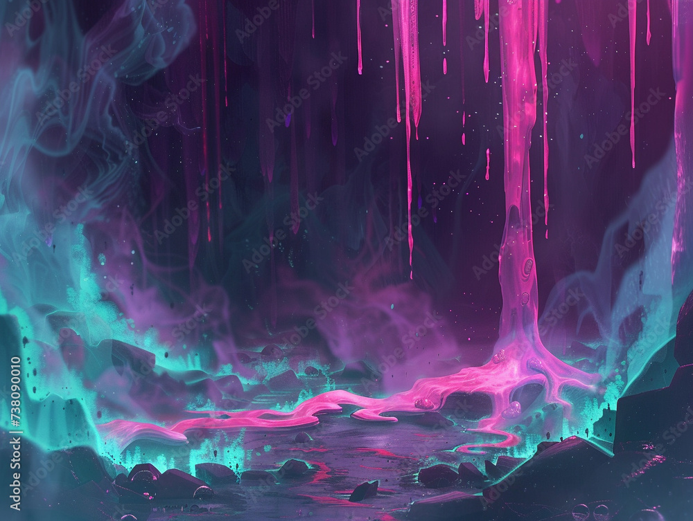 Poster compose an ethereal illustration featuring radiant neon slime dripping from an unseen source adding 
