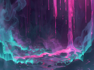 Compose an ethereal illustration featuring radiant neon slime dripping from an unseen source adding an element of mystery to the composition