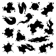 Paint blots. Creative isolated paint brush strokes or spots. Ink smudge abstract shape stains set with texture. Grunge design elements. Collection of different drops