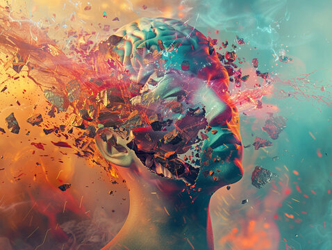 Compose an abstract illustration combining shattered brain fragments and a human head set against a vibrant and explosive background representing the complexity of the mind