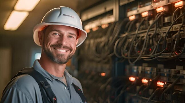 An engaged electrician gazes directly into the camera, their eyes radiating confidence in their electrical expertise
