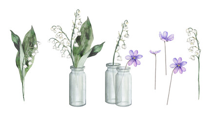 Watercolor floral elements with white tender spring lilies of the valley. Clipart of lilac forest flowers scilla in glass jar. Set of elements primroses for the design of printing holidays. - obrazy, fototapety, plakaty