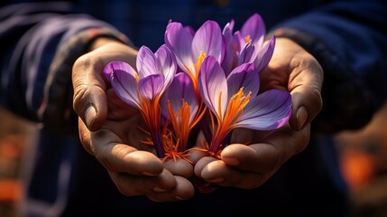 Hands Holding SaHands Holding Saffron Flowers. Kashmir famous saffron, the worlds most expensive spice. Authentic, high-quality saffron more valuable than goldffron Flowers.