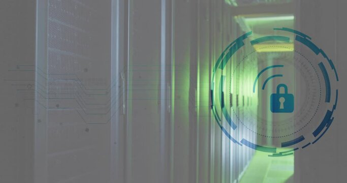 Animation of padlock and digital data processing over computer servers