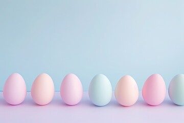 a row of pastel colored easter eggs on a blue and purple background