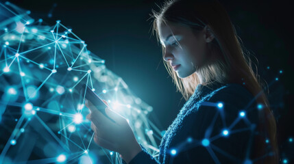 Woman using mobile smart phone with global network connection, digital technology development. Furturistic technology background

