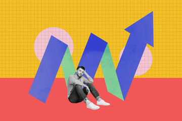 Poster collage artwork of minded thoughtful man sitting pondering how improve profit isolated on drawing yellow background