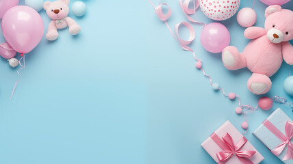 Urodzinowe minimalistyczne jasne tło na życzenia lub metryczkę z zabawkami i dekoracjami - narodziny dziecka - dziewczynki lub chłopca.