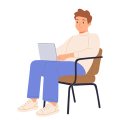 Happy person with laptop computer, sitting in armchair. Freelance worker at online remote work.